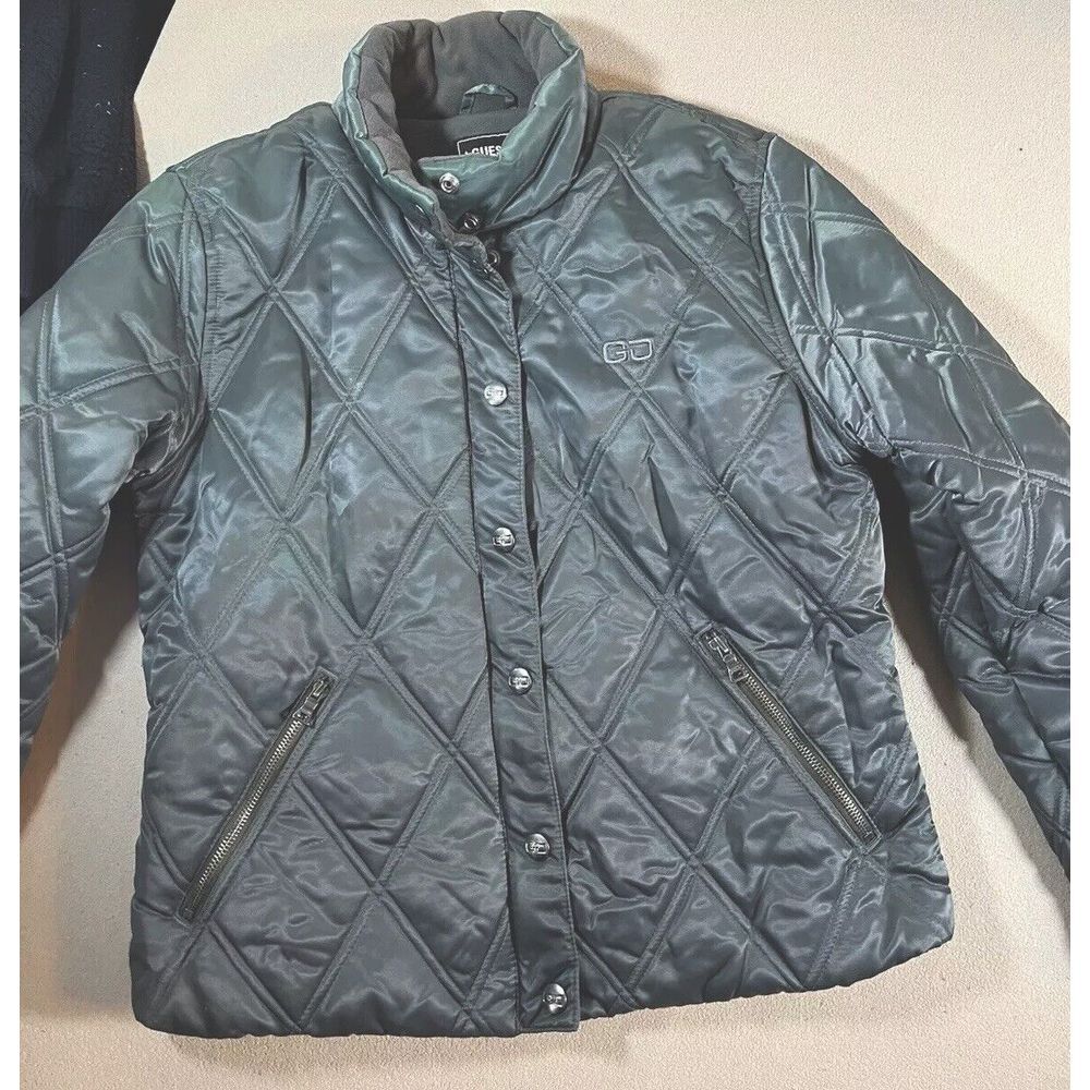 Guess Jeans Jacket Women L Quilted Army Green‎ Y2K Nylon Fleece Lined